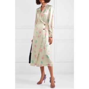 Ganni Cream Satin Watercolor Floral Trench Wrap Dress
